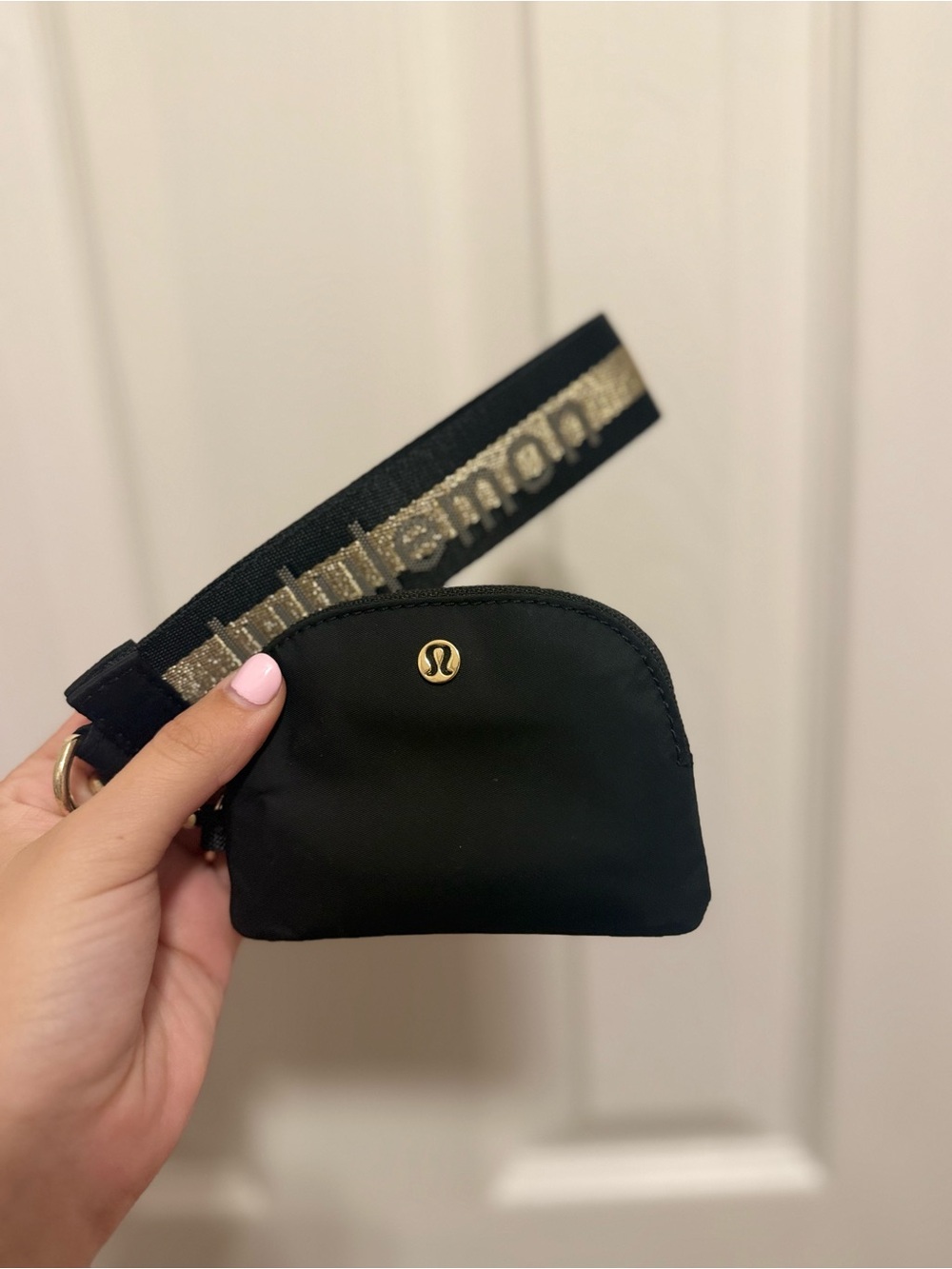 lululemon athletica Black Wristlet Pouch with Gold Logo and Metallic Strap